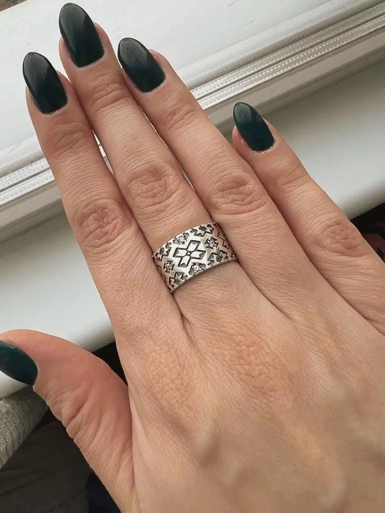 Boho Vintage Style Wide Band Rings and Earrings| 925 Sterling Silver Ethnic Pattern | Adjustable Statement Rings Handmade Tribal Jewelry
