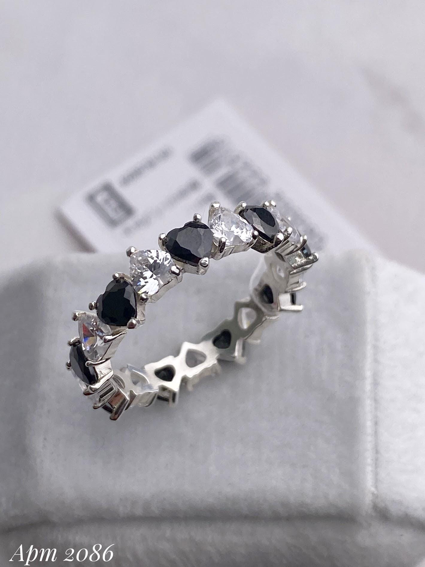 Black Heart Stone Ring | Silver Band with Black Hearts | Gothic Stackable Ring | Gift for Her | Romantic Jewelry