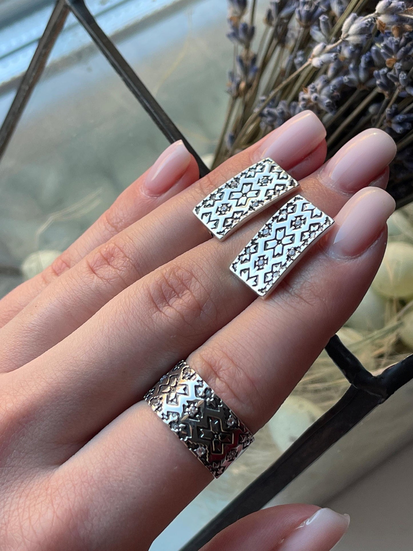 Boho Vintage Style Wide Band Rings and Earrings| 925 Sterling Silver Ethnic Pattern | Adjustable Statement Rings Handmade Tribal Jewelry