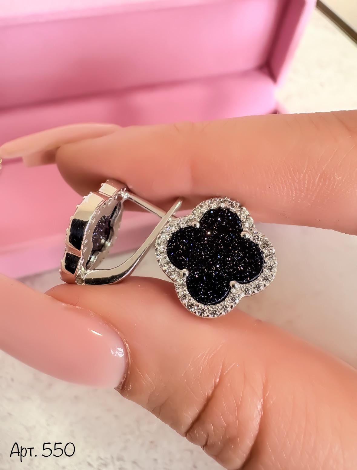 Black Sparkle Clover Stud Earrings | Flower Shaped Earrings in Black