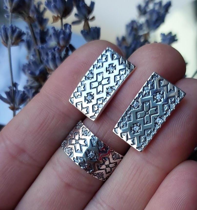 Boho Vintage Style Wide Band Rings and Earrings| 925 Sterling Silver Ethnic Pattern | Adjustable Statement Rings Handmade Tribal Jewelry