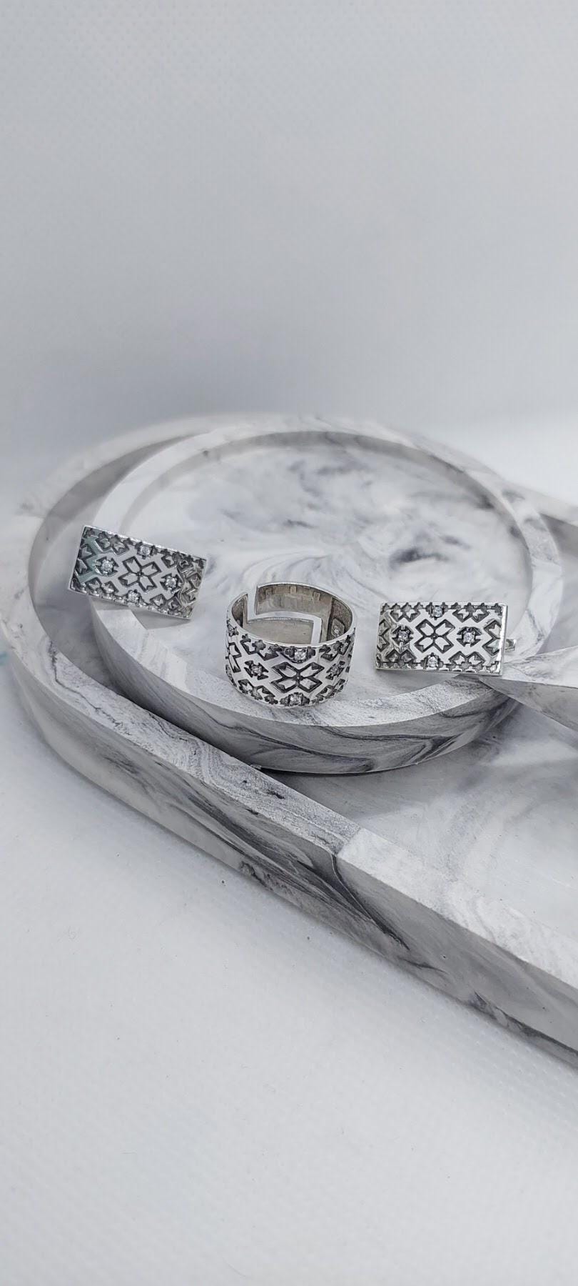 Boho Vintage Style Wide Band Rings and Earrings| 925 Sterling Silver Ethnic Pattern | Adjustable Statement Rings Handmade Tribal Jewelry