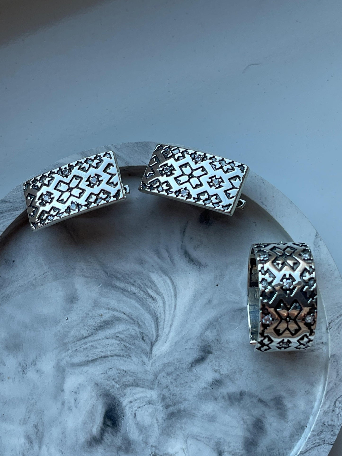 Boho Vintage Style Wide Band Rings and Earrings| 925 Sterling Silver Ethnic Pattern | Adjustable Statement Rings Handmade Tribal Jewelry