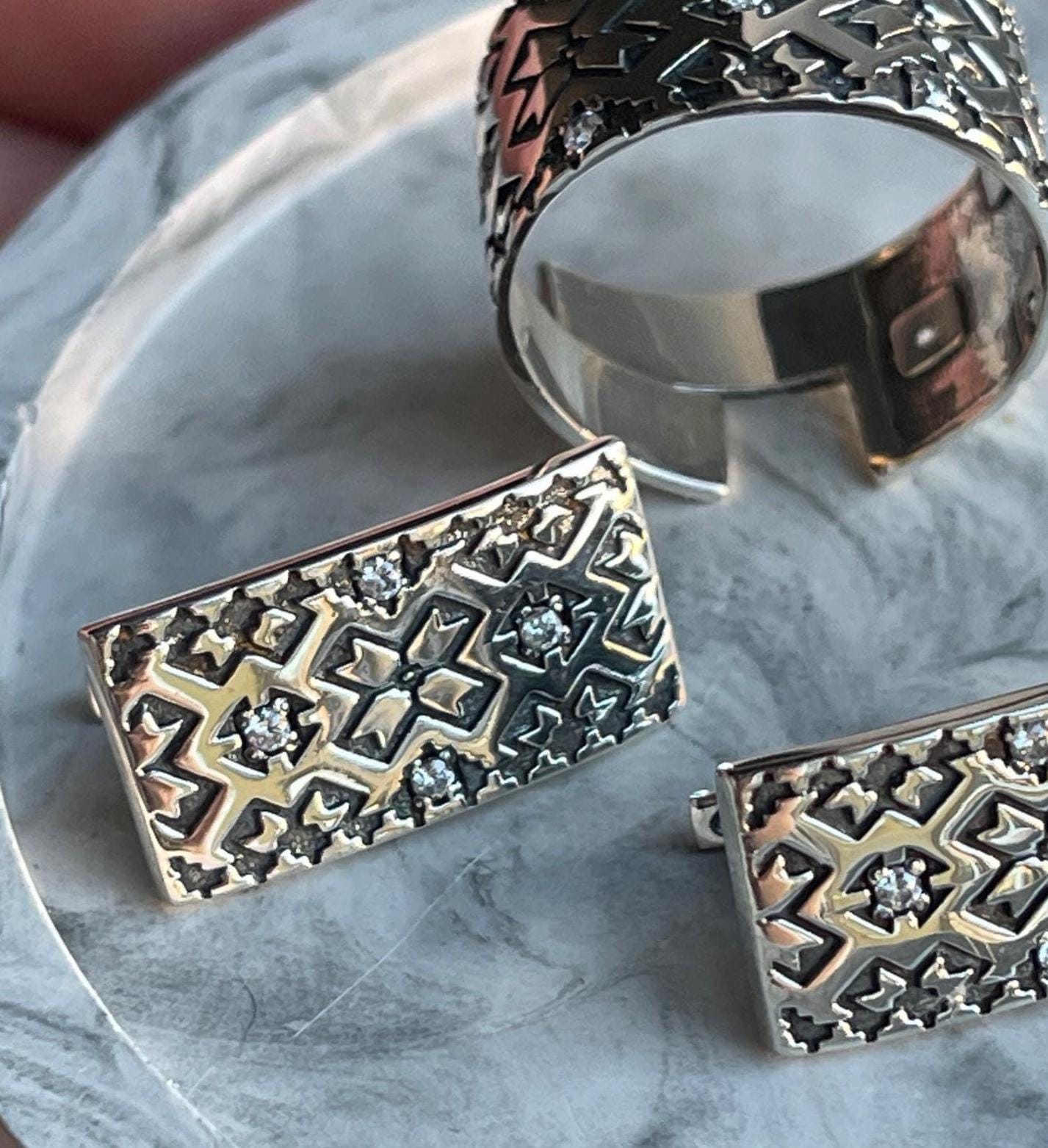 Boho Vintage Style Wide Band Rings and Earrings| 925 Sterling Silver Ethnic Pattern | Adjustable Statement Rings Handmade Tribal Jewelry