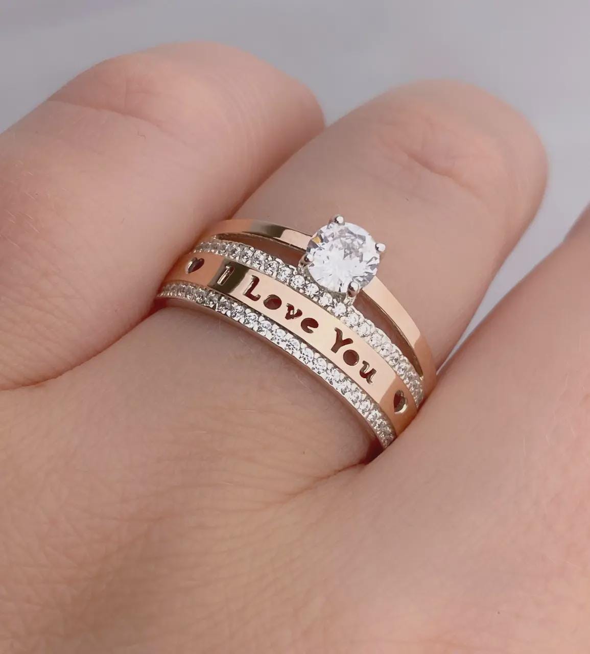 I Love You Ring | Perfect Gift | Engagement Wedding Band for Her| 925 Sterling Silver and 375 Gold