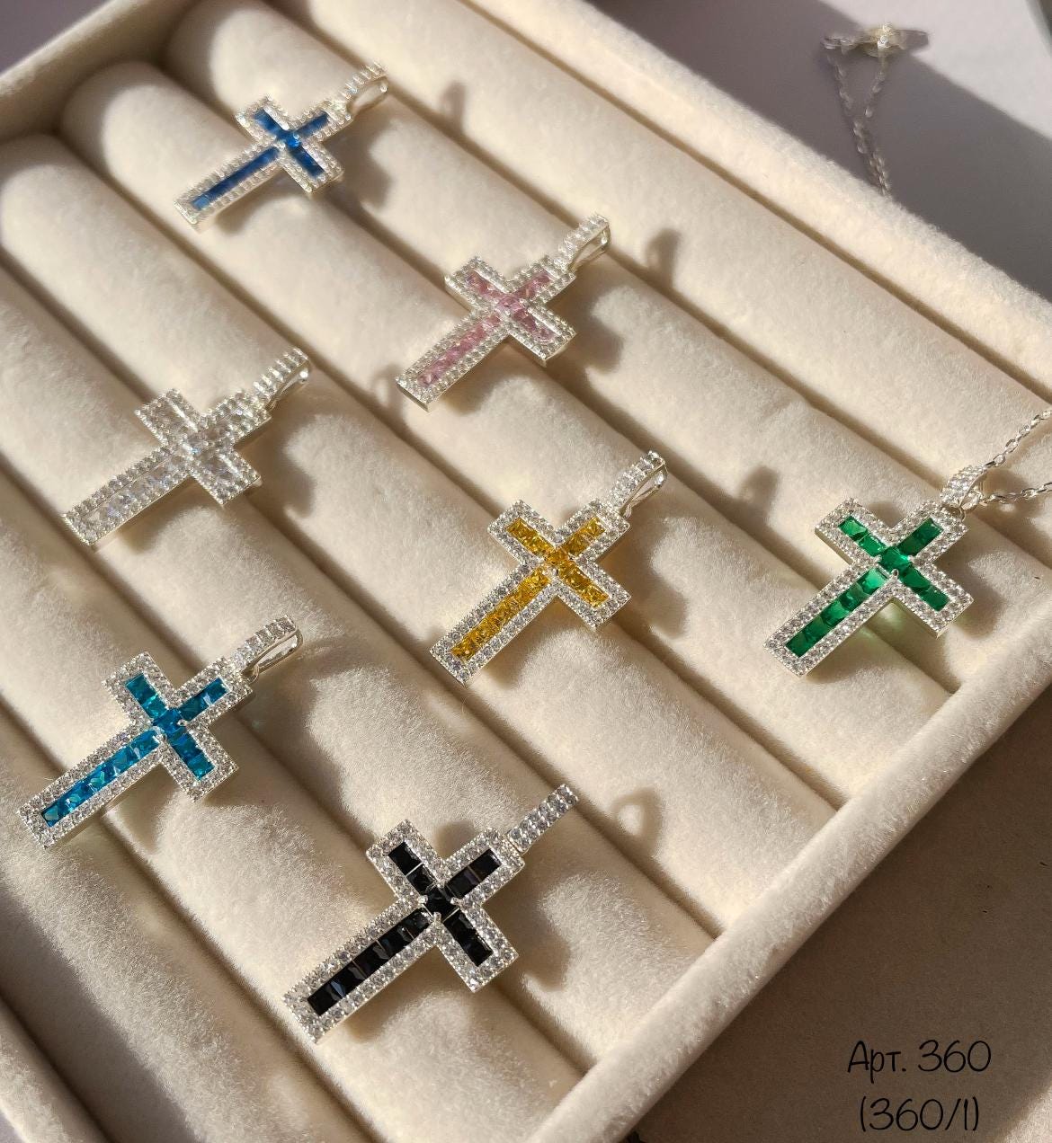 Colorful Cross Pendant Necklace | Crystals in Black, Pink, Blue, Green, Yellow, or Clear | Silver Chain