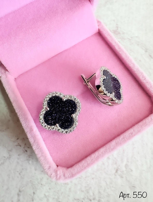 Black Sparkle Clover Stud Earrings | Flower Shaped Earrings in Black