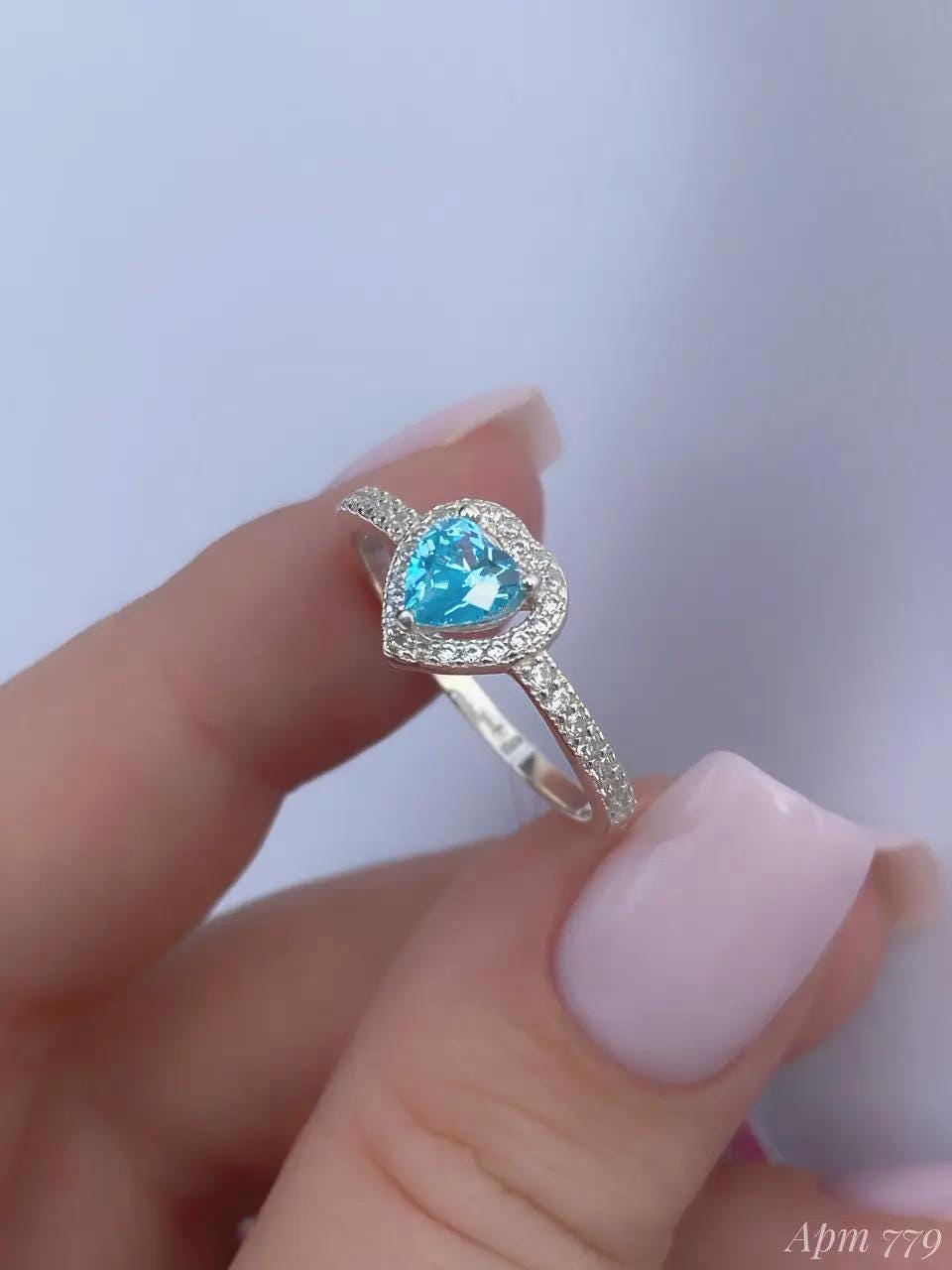 Heart-Shaped Ring | Blue, Pink, and Clear| 925 Sterling Silver Promise Ring | Dainty Engagement Ring | Romantic Gift for Her