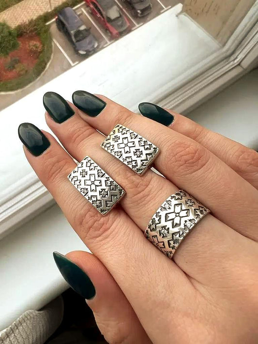 Boho Vintage Style Wide Band Rings and Earrings| 925 Sterling Silver Ethnic Pattern | Adjustable Statement Rings Handmade Tribal Jewelry