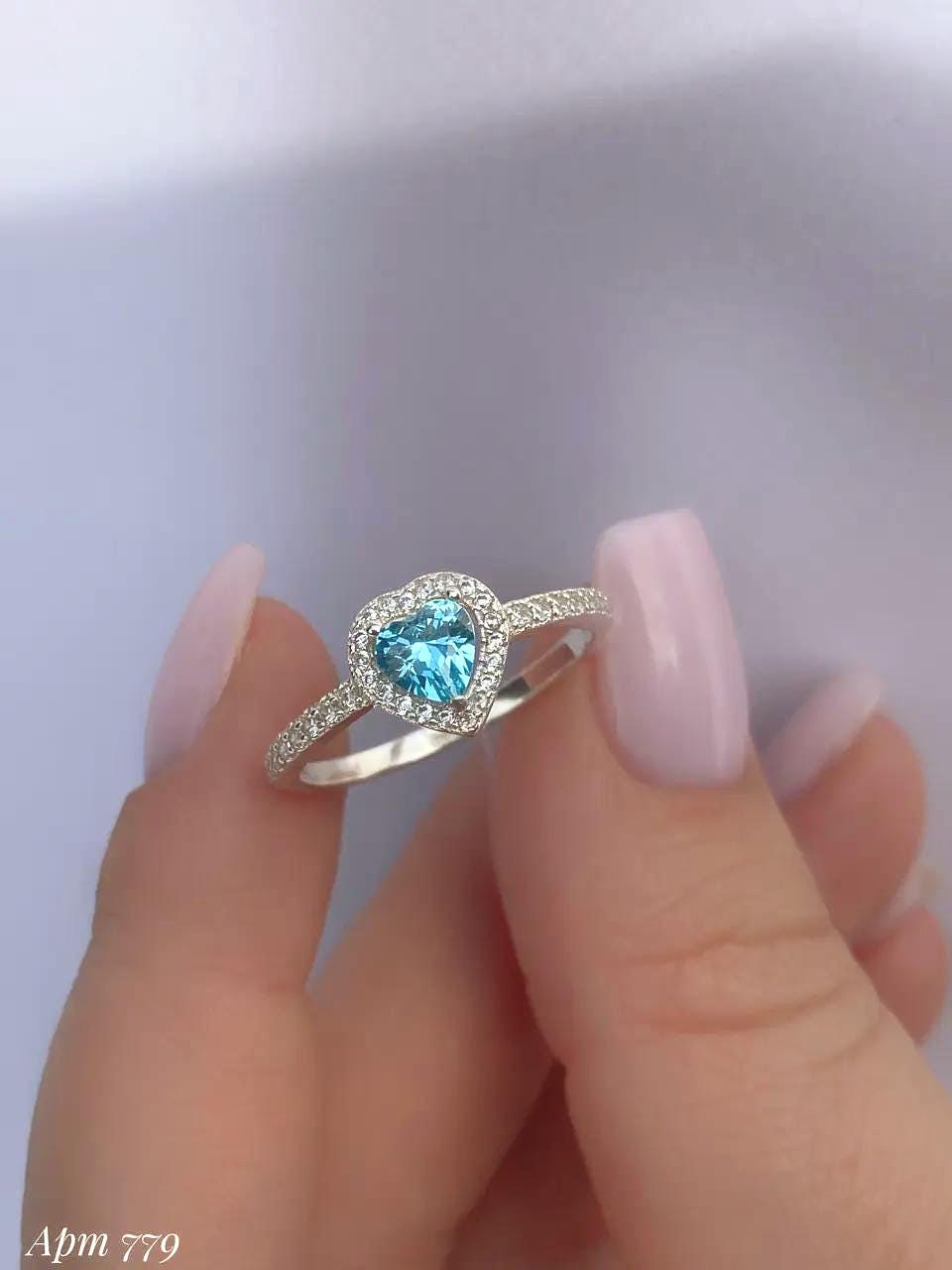 Heart-Shaped Ring | Blue, Pink, and Clear| 925 Sterling Silver Promise Ring | Dainty Engagement Ring | Romantic Gift for Her