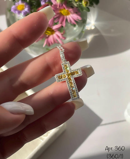 Colorful Cross Pendant Necklace | Crystals in Black, Pink, Blue, Green, Yellow, or Clear | Silver Chain