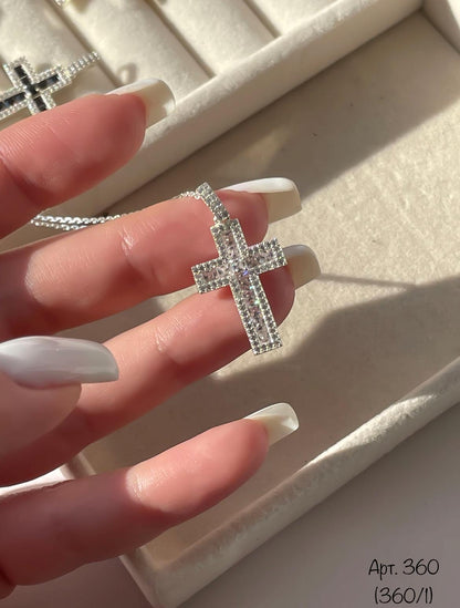 Colorful Cross Pendant Necklace | Crystals in Black, Pink, Blue, Green, Yellow, or Clear | Silver Chain