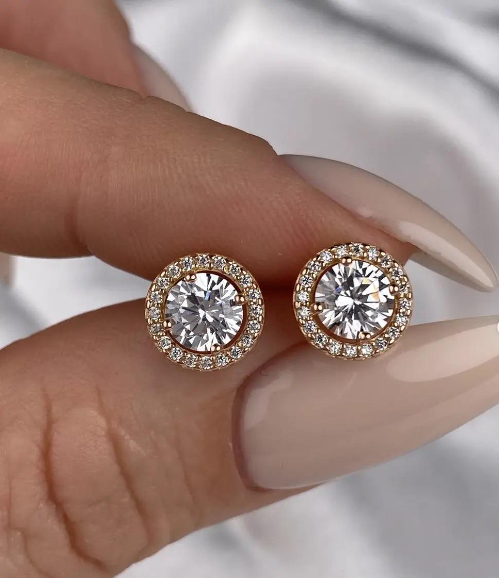 Elegant Halo Zirconia Stud Earrings | Circle Studs | 925 Sterling Silver with Gold Plating  | Screw Back Earrings