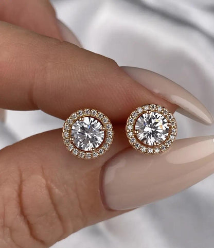 Elegant Halo Zirconia Stud Earrings | Circle Studs | 925 Sterling Silver with Gold Plating  | Screw Back Earrings