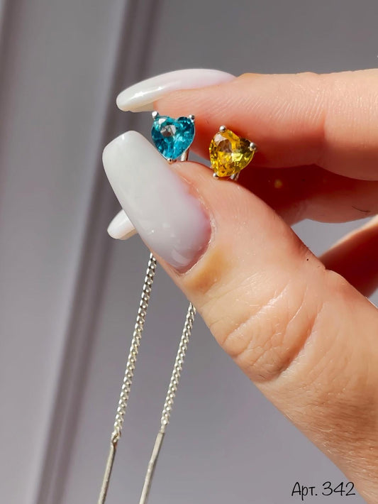 Heart Threader Earrings | Blue and Yellow | Minimalist Drop Earrings