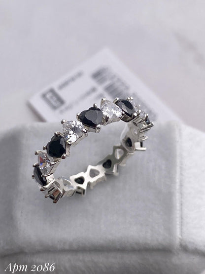 Black Heart Stone Ring | Silver Band with Black Hearts | Gothic Stackable Ring | Gift for Her | Romantic Jewelry