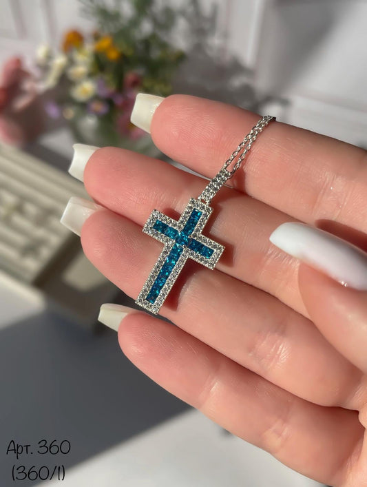 Colorful Cross Pendant Necklace | Crystals in Black, Pink, Blue, Green, Yellow, or Clear | Silver Chain