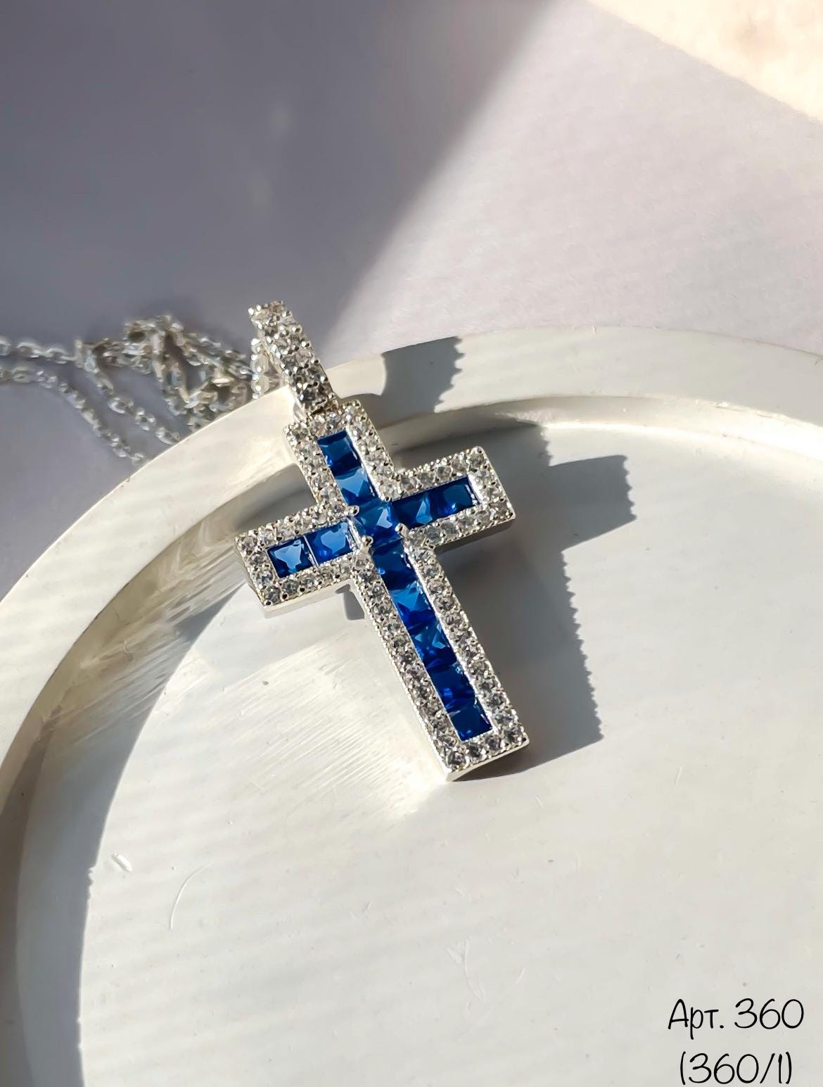 Colorful Cross Pendant Necklace | Crystals in Black, Pink, Blue, Green, Yellow, or Clear | Silver Chain