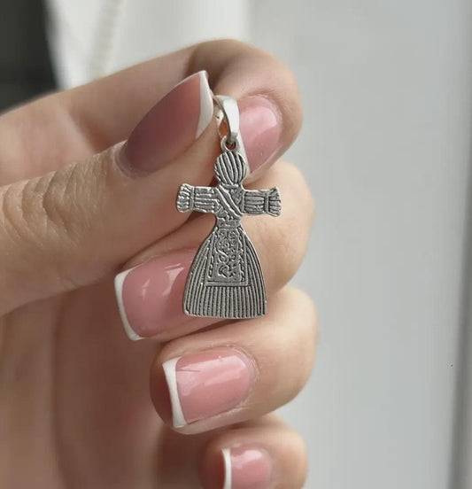 Slavic Goddess Motanka Cross Pendant | Sterling Silver Amulet for Protection & Fertility