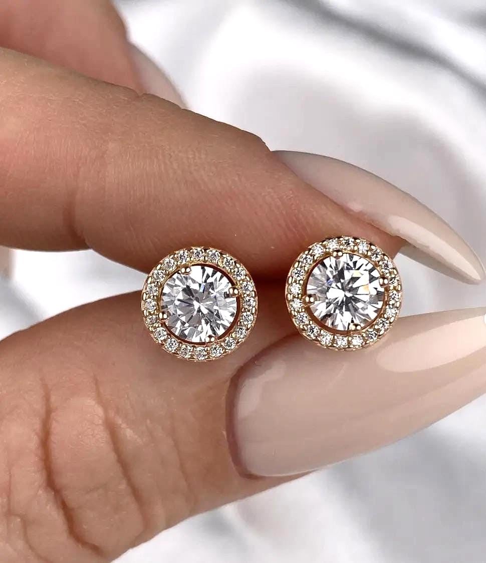 Elegant Halo Zirconia Stud Earrings | Circle Studs | 925 Sterling Silver with Gold Plating  | Screw Back Earrings