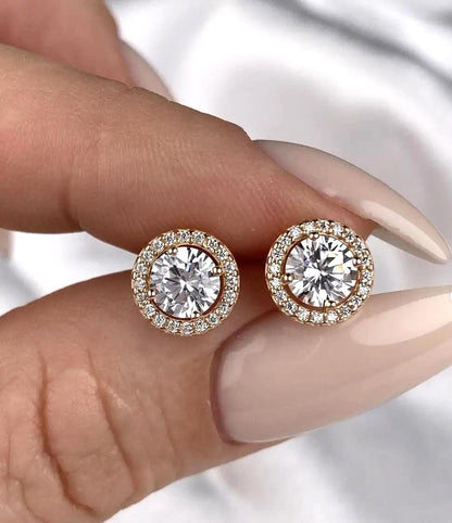 Elegant Halo Zirconia Stud Earrings | Circle Studs | 925 Sterling Silver with Gold Plating  | Screw Back Earrings