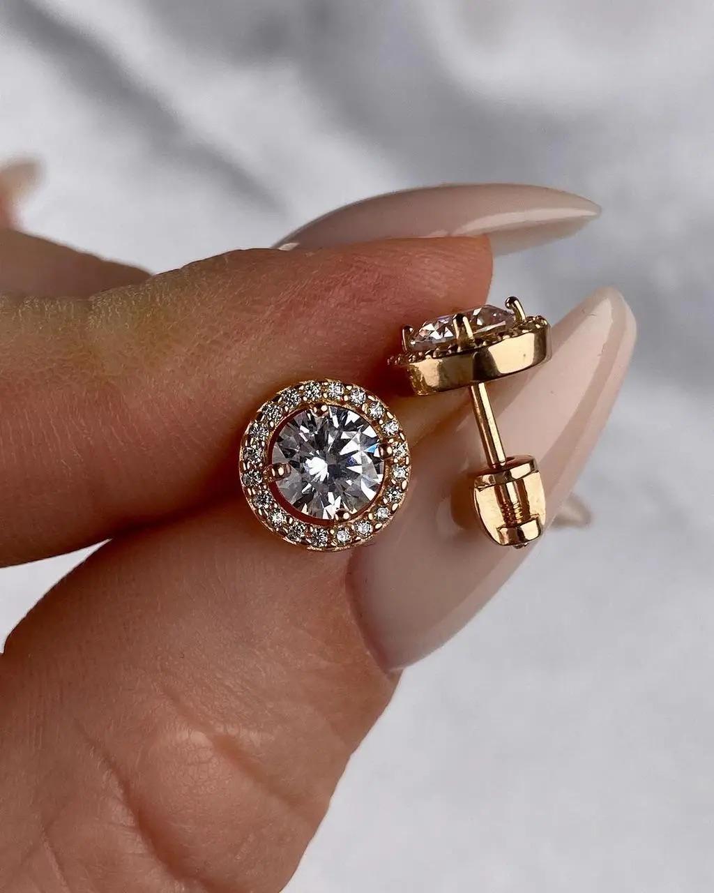 Elegant Halo Zirconia Stud Earrings | Circle Studs | 925 Sterling Silver with Gold Plating  | Screw Back Earrings
