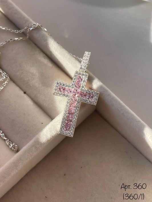 Colorful Cross Pendant Necklace | Crystals in Black, Pink, Blue, Green, Yellow, or Clear | Silver Chain