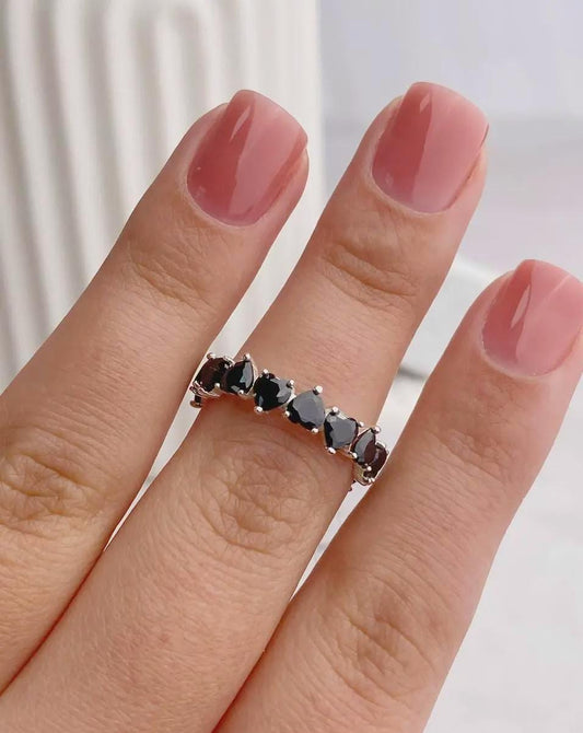 Black Heart Stone Ring | Silver Band with Black Hearts | Gothic Stackable Ring | Gift for Her | Romantic Jewelry