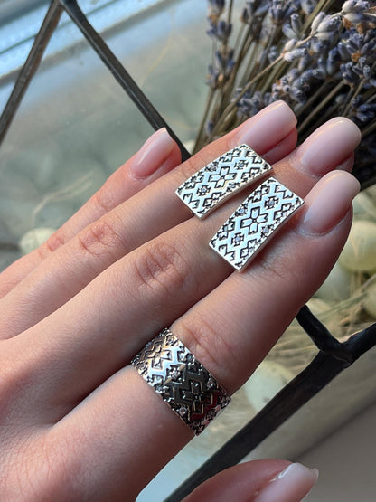 Boho Vintage Style Wide Band Rings and Earrings| 925 Sterling Silver Ethnic Pattern | Adjustable Statement Rings Handmade Tribal Jewelry