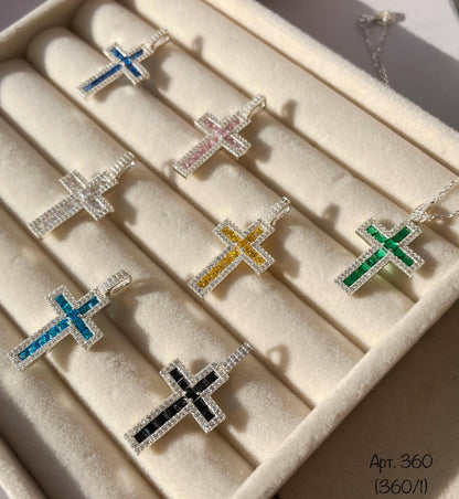 Colorful Cross Pendant Necklace | Crystals in Black, Pink, Blue, Green, Yellow, or Clear | Silver Chain