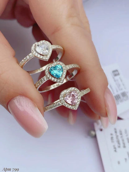 Heart-Shaped Ring | Blue, Pink, and Clear| 925 Sterling Silver Promise Ring | Dainty Engagement Ring | Romantic Gift for Her