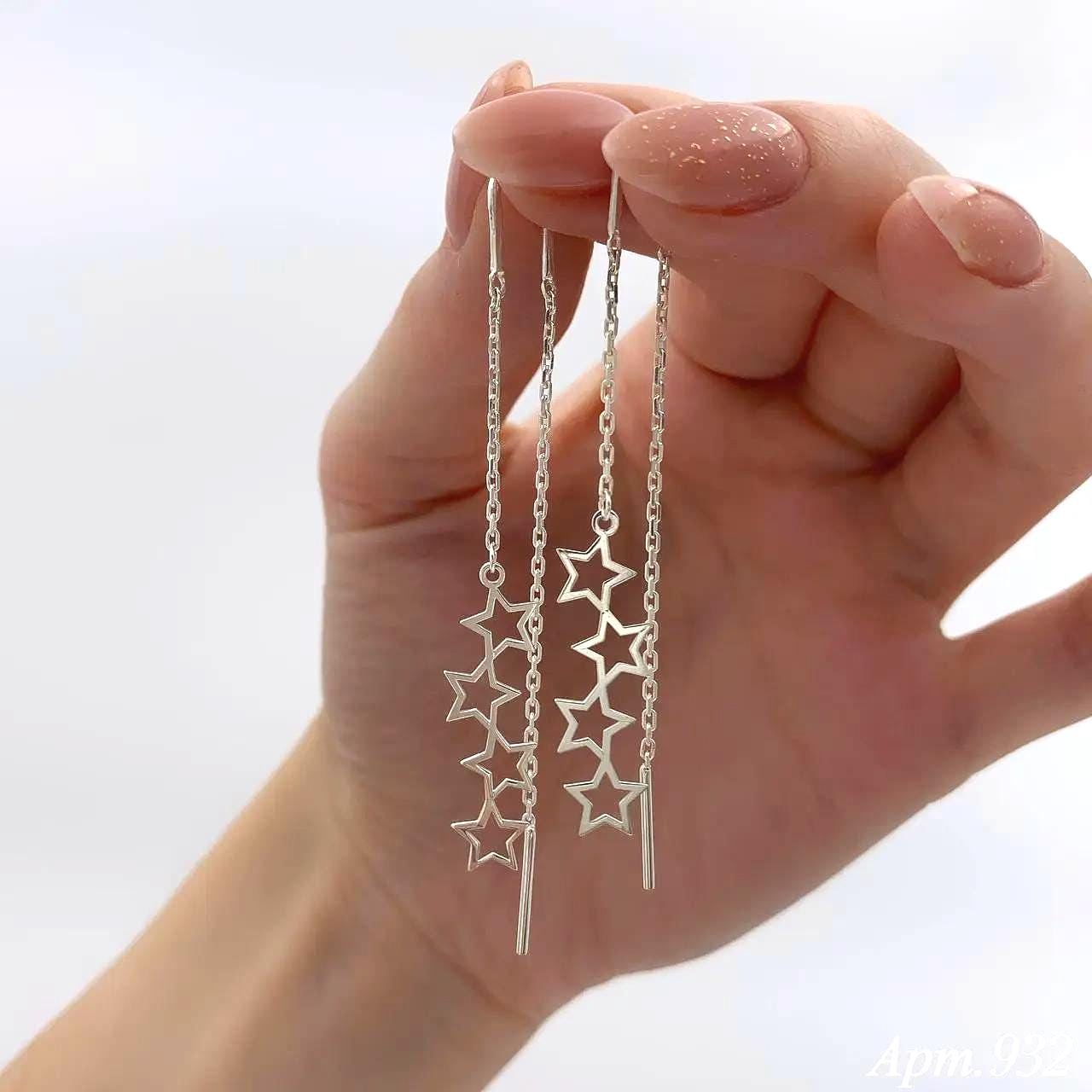 Star Threader Earrings | Long Dangle Pull-Through Chain | Celestial Jewelry | Minimalist Drop Earrings