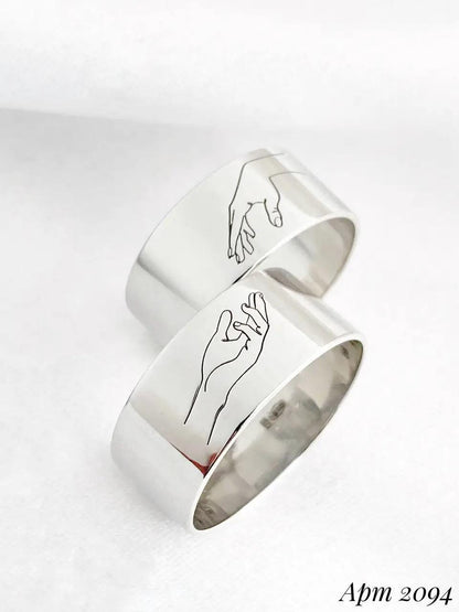 Couple Matching Rings| 925 Silver Connection Ring | Minimalist Line Art Hands Design | Symbolic Gift for Her or Him | Handmade Jewelry