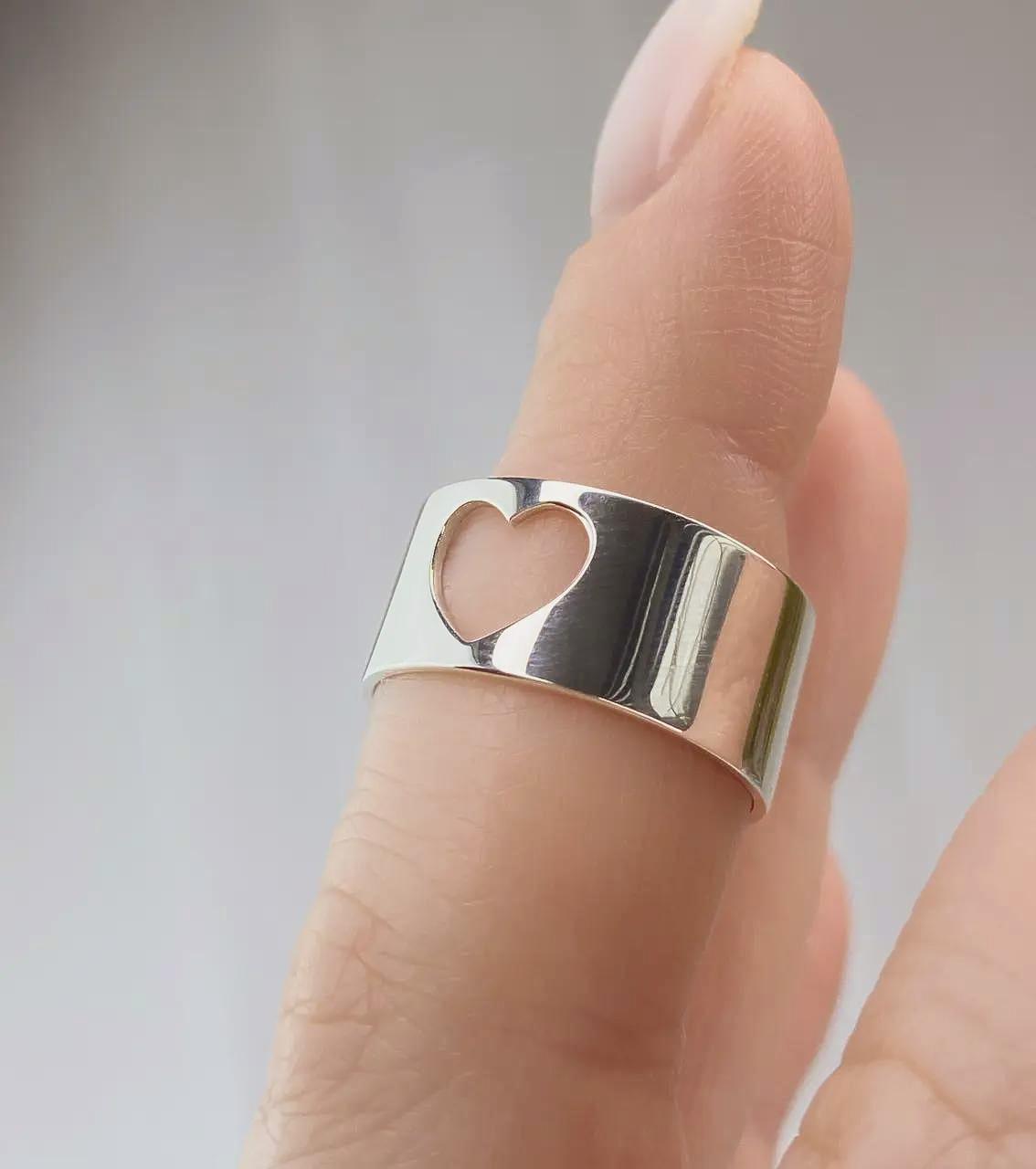 Open Heart Elegant Wide Band Silver Ring | Delicate and Stylish | Gift for Her | Stackable Statement Ring