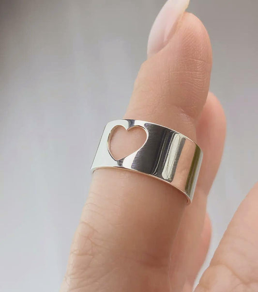 Open Heart Elegant Wide Band Silver Ring | Delicate and Stylish | Gift for Her | Stackable Statement Ring