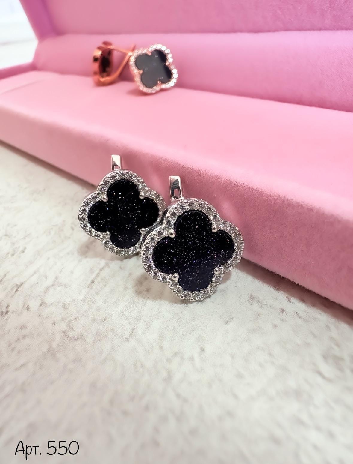 Black Sparkle Clover Stud Earrings | Flower Shaped Earrings in Black