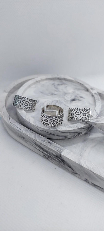 Boho Vintage Style Wide Band Rings and Earrings| 925 Sterling Silver Ethnic Pattern | Adjustable Statement Rings Handmade Tribal Jewelry