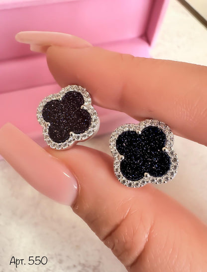 Black Sparkle Clover Stud Earrings | Flower Shaped Earrings in Black
