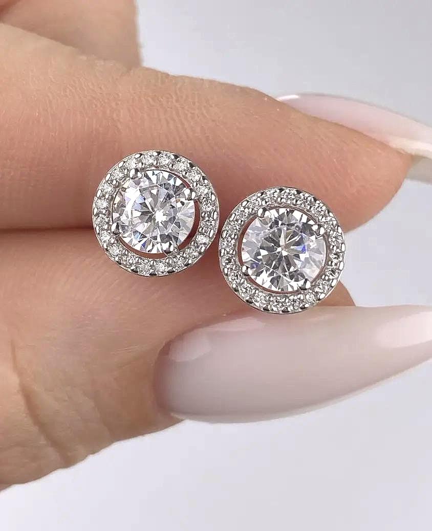 Elegant Halo Zirconia Stud Earrings | Circle Studs | 925 Sterling Silver with Gold Plating  | Screw Back Earrings