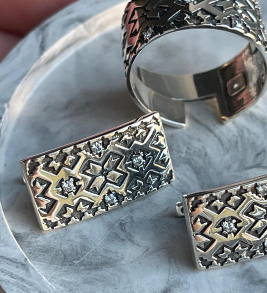 Boho Vintage Style Wide Band Rings and Earrings| 925 Sterling Silver Ethnic Pattern | Adjustable Statement Rings Handmade Tribal Jewelry