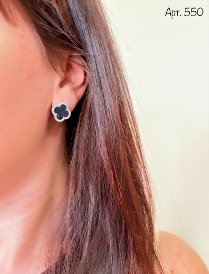 Black Sparkle Clover Stud Earrings | Flower Shaped Earrings in Black