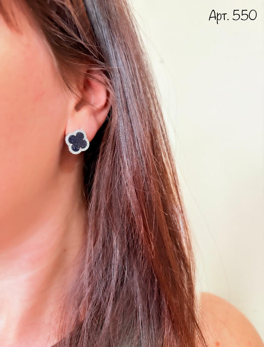 Black Sparkle Clover Stud Earrings | Flower Shaped Earrings in Black