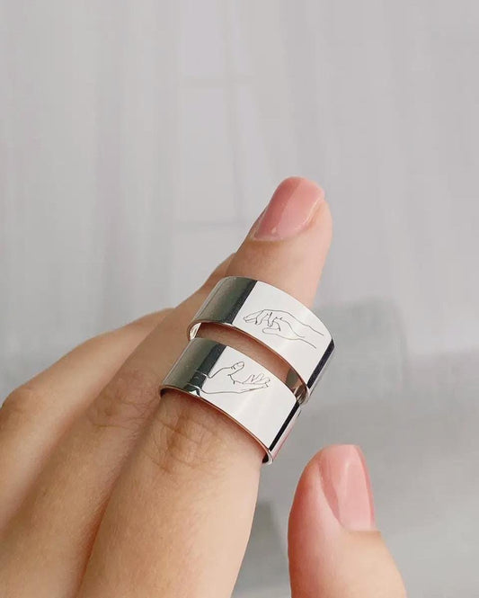 Couple Matching Rings| 925 Silver Connection Ring | Minimalist Line Art Hands Design | Symbolic Gift for Her or Him | Handmade Jewelry