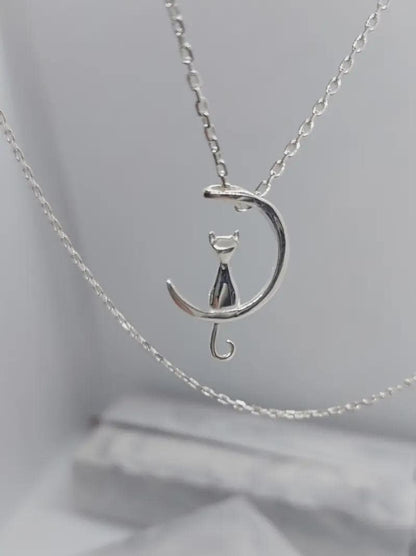 Cat on the Moon Necklace – Gift for Cat Lovers