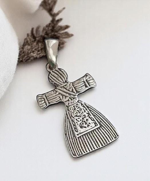 Slavic Goddess Motanka Cross Pendant | Sterling Silver Amulet for Protection & Fertility