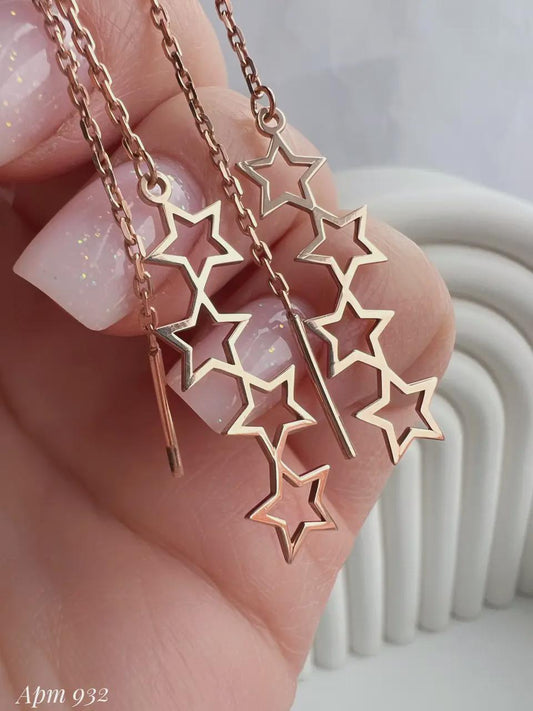 Star Threader Earrings | Long Dangle Pull-Through Chain | Celestial Jewelry | Minimalist Drop Earrings